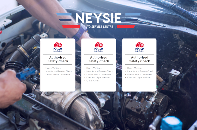 Pink slip inspection Rydalmere showing NSW authorised safety check certificates over a mechanic servicing a vehicle engine