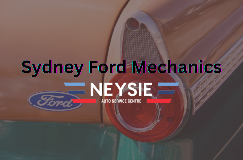 "Sydney's Ford Mechanics" with a semi-transparent background image of a Ford Interior with the neysie logo front and centre