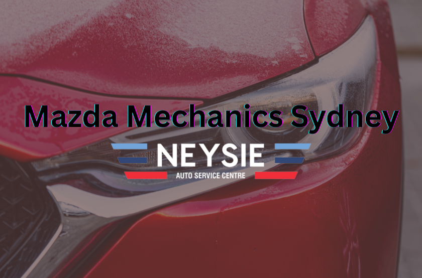"Mazda Mechanics Sydney" with a semi-transparent background image of a Mazda front lights with the neysie logo front and centre
