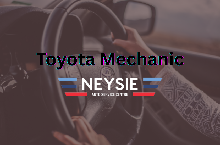 "Toyota Mechanic Near me" with a semi-transparent background image of a Toyota Interior with the neysie logo front and centre